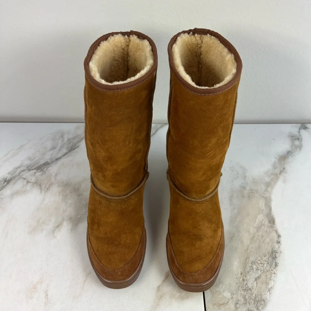 VTG UGG Wmn's Ultimate Tall Tasman Braided Brown Suede Shearling Winter Boots, 7